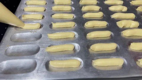 Pastry Chef Piping Dough into Baking Tray Molds, Close-Up Shot Stock Footage 325304048