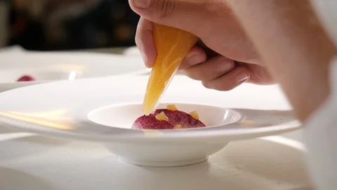 Pastry chef prepare dessert. Close up of decoration Stock Footage 102917882