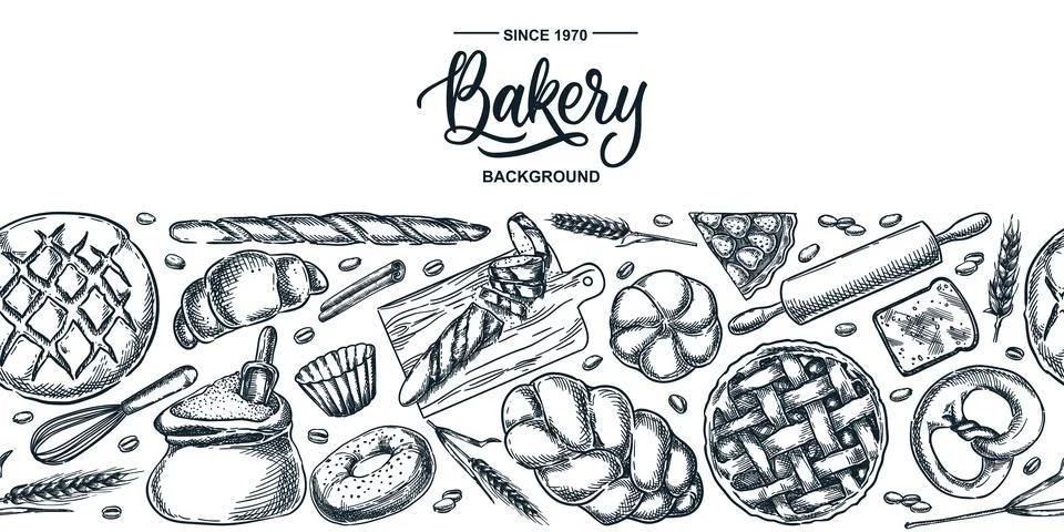 Pastry seamless horizontal background. Vector hand drawn sketch illustratio.. Stock Illustration