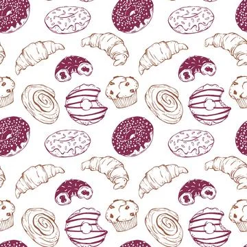 Pastry seamless pattern doodle vector with donuts, croissants, cinnamon roll and イラスト素材