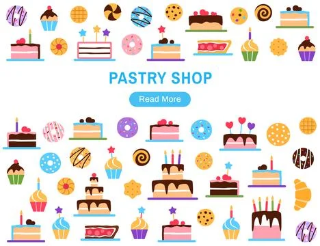 Pastry shop website template with button. Stock Illustration