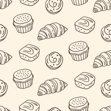 Pastry, sweet bakery seamless pattern cupcakes. Stock Illustration