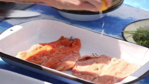 Patagonic trout in a baking dish Stock Footage 133749603