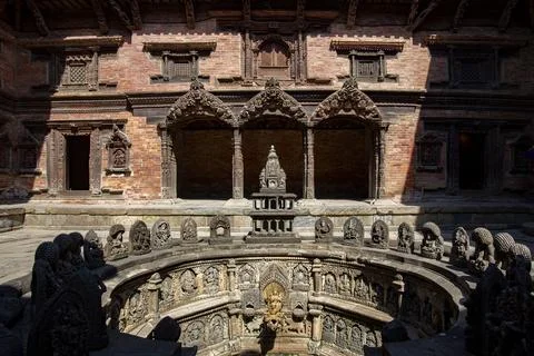Patan Durbar Square is one of the three Durbar Squares in the Kathmandu Valley Stock Photos
