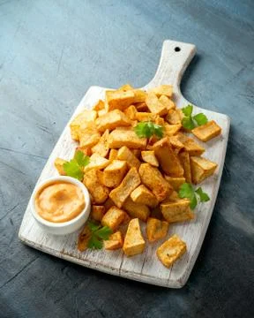 Patatas bravas traditional Spanish potatoes snack tapas on white wooden board Stock Photos