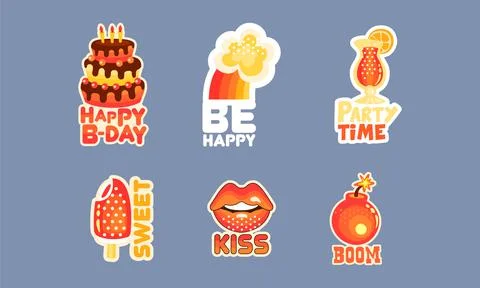 Patch and Stickers with Cake, Lips and Cocktail Vector Set Illustrazione stock