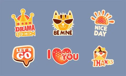 Patch and Stickers with Crown, Cat Muzzle and Envelope with Hearts Vector Set Stock Illustration