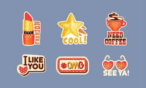 Patch and Stickers with Lipstick, Star and Coffee Cup Vector Set Stock Illustration