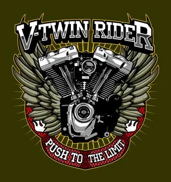 Patch biker v twin engine and ribbon Stock Illustration