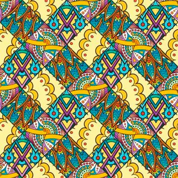 Patch Boho Flower Seamless Pattern. Mandala patchwork, oriental design Illustrazione stock