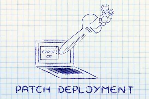 Patch deployment: oversized wrench repairing a computer Stock Illustration