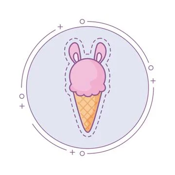 Patch of ice cream with ears of bunny in frame circular Stock Illustration