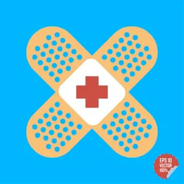 Patch medical flat with red cross. Adhesive band vector icon illustration. Stock Illustration