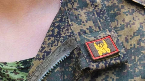 Patch on a military uniform close-up. Russian automobile troops Video stock 117693378