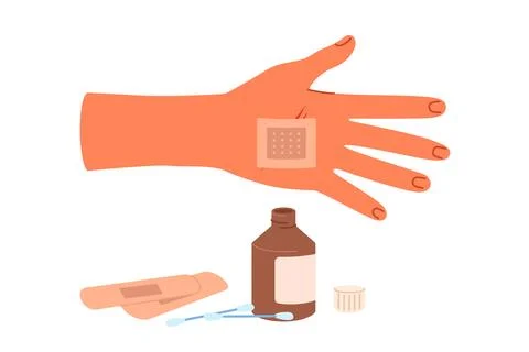 Patch on palm and medicinal ointment in glass bottle help stop bleeding and Illustrazione stock