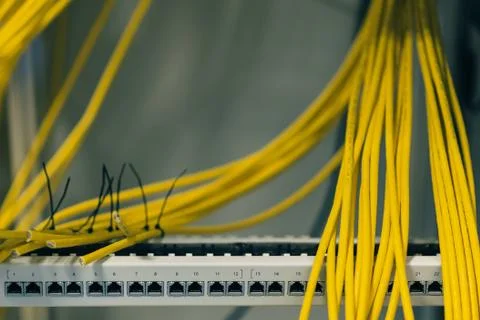 Patch panel with cables, switching, data network deployment Fotos Stock