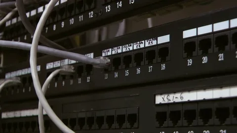 Patch panel, engineer insert-remove patch cord. Hands. Video stock 82468679