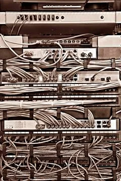 Patch Panel server rack with cords in different colors Stock Photos