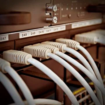 Patch Panel server rack with gray cords Stock-Fotos