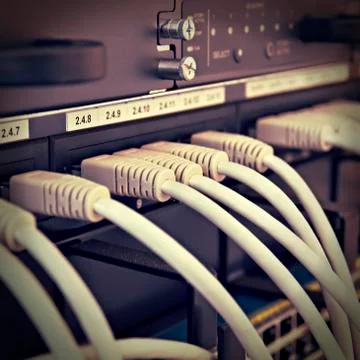 Patch Panel server rack with gray cords Stock-Fotos