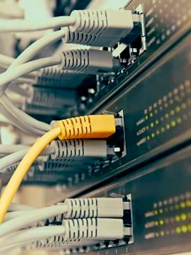 Patch Panel server rack with gray cords in the background Stock-Fotos