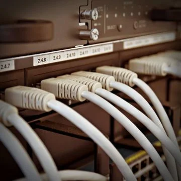 Patch Panel server rack with gray cords Patch Panel server rack with gray ... Fotos de archivo