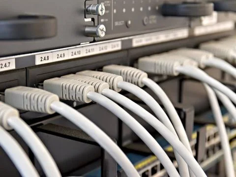 Patch Panel server rack with gray cords Patch Panel server rack with gray ... Fotos de archivo