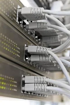 Patch Panel server rack with gray cords in the background Patch Panel serv... Fotos de archivo