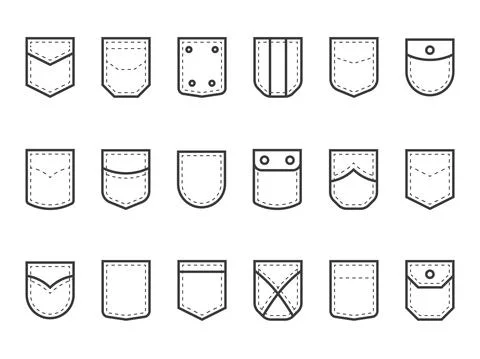 Patch pocket. Clothes pouches with flaps, buttons and decor seams. Types set of Ilustración de archivo