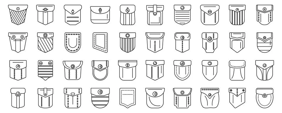 Patch pocket icons set. Collection of pocket style icons showing variety of.. Ilustración de archivo