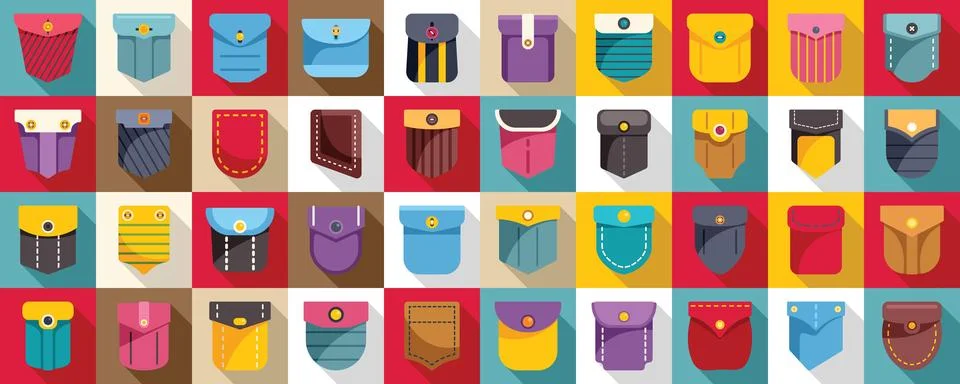 Patch pocket icons set. Pocket style representing variety of clothes and ac.. Ilustración de archivo