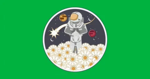 Patch popping, astronaut floating above daisies clasping hands meditating in Video stock 317362736