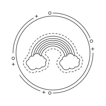 Patch with rainbow and clouds in frame circular Stock Illustration