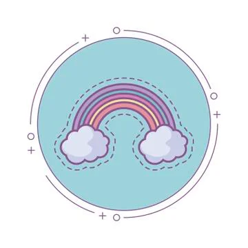 Patch with rainbow and clouds in frame circular Stock Illustration