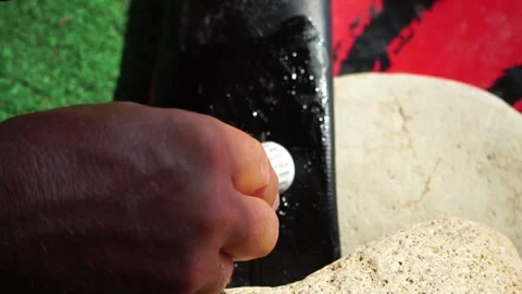 Patch repair kit with glue for inflatable boats, SUP, raft. Man repair Stock Footage 263428797