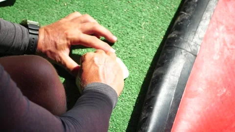 Patch repair kit with glue for inflatable boats, SUP, raft. Man repair 스톡 동영상 272747557