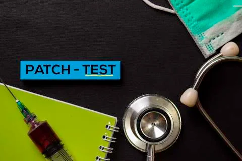 Patch - Test on top view black table with blood sample and Healthcare/medical Stock Photos