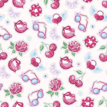 Patches seamless pattern. Stickers lips and cherry, love patch. Fabric prints Stock Illustration