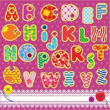 Patchwork abc alphabet - letters are made of different ornamental fabrics Stock Illustration