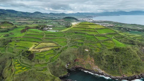 Patchwork agricultural fields above rocky Atlantic coastline on Azores Stockbeeldmateriaal 331261289