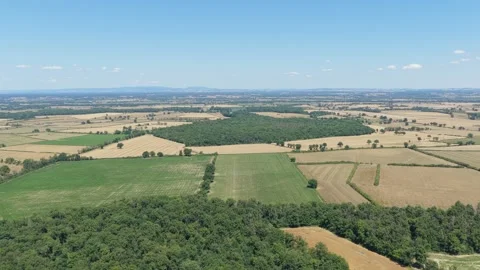 The patchwork of agricultural fields and wooded areas in the rural countryside Stock Footage 346715449