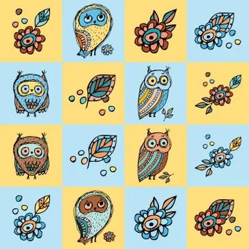 Patchwork background with owls and flowers Vector Stock Illustration
