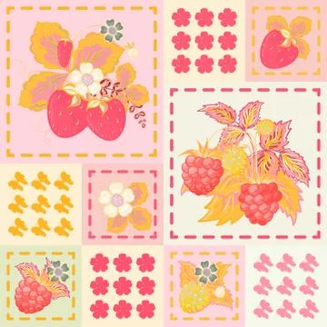 Patchwork background with strawberries and raspberries. Seamless vector pattern. Illustrazione stock