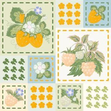 Patchwork background with strawberries and raspberries. Seamless vector pattern. Stock Illustration