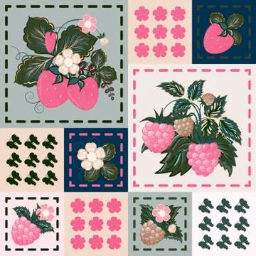 Patchwork background with strawberries and raspberries. Seamless vector pattern. Stock Illustration