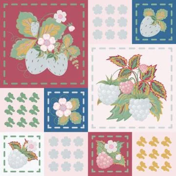 Patchwork background with strawberries and raspberries. Seamless vector pattern. Stock Illustration