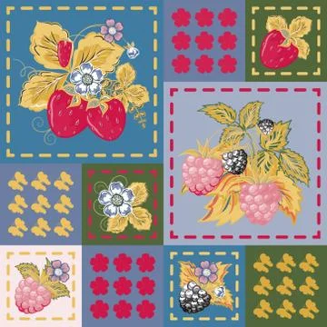Patchwork background with strawberries and raspberries. Seamless vector pattern. Illustrazione stock