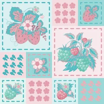 Patchwork background with strawberries and raspberries. Seamless vector pattern. Stock Illustration