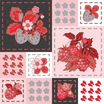 Patchwork background with strawberries and raspberries. Seamless vector pattern. Illustrazione stock