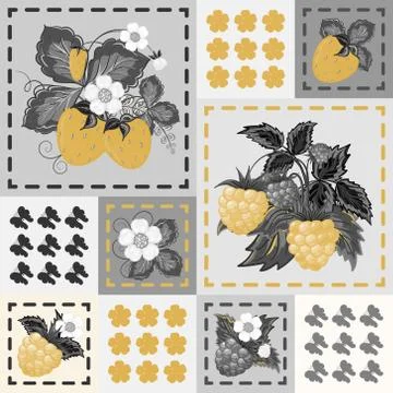 Patchwork background with strawberries and raspberries. Seamless vector pattern. Stockillustratie